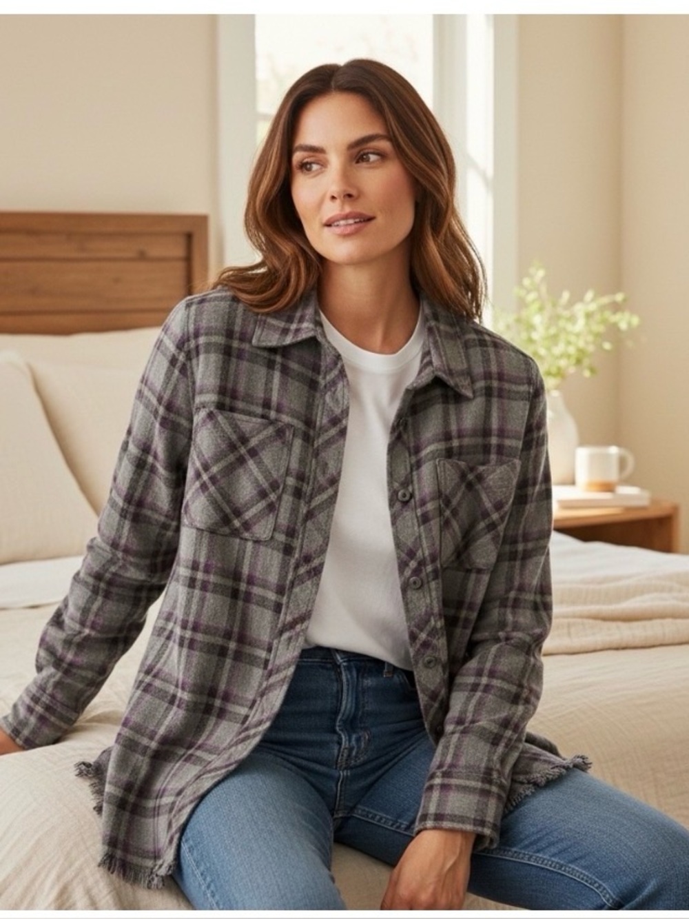 💜Free Shipping🩶 CAbi Highlander Plaid Fleece Button Up Top- Size M
